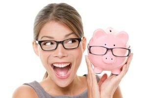 Woman Wearing Glasses and Holding a Piggy Bank with Glasses